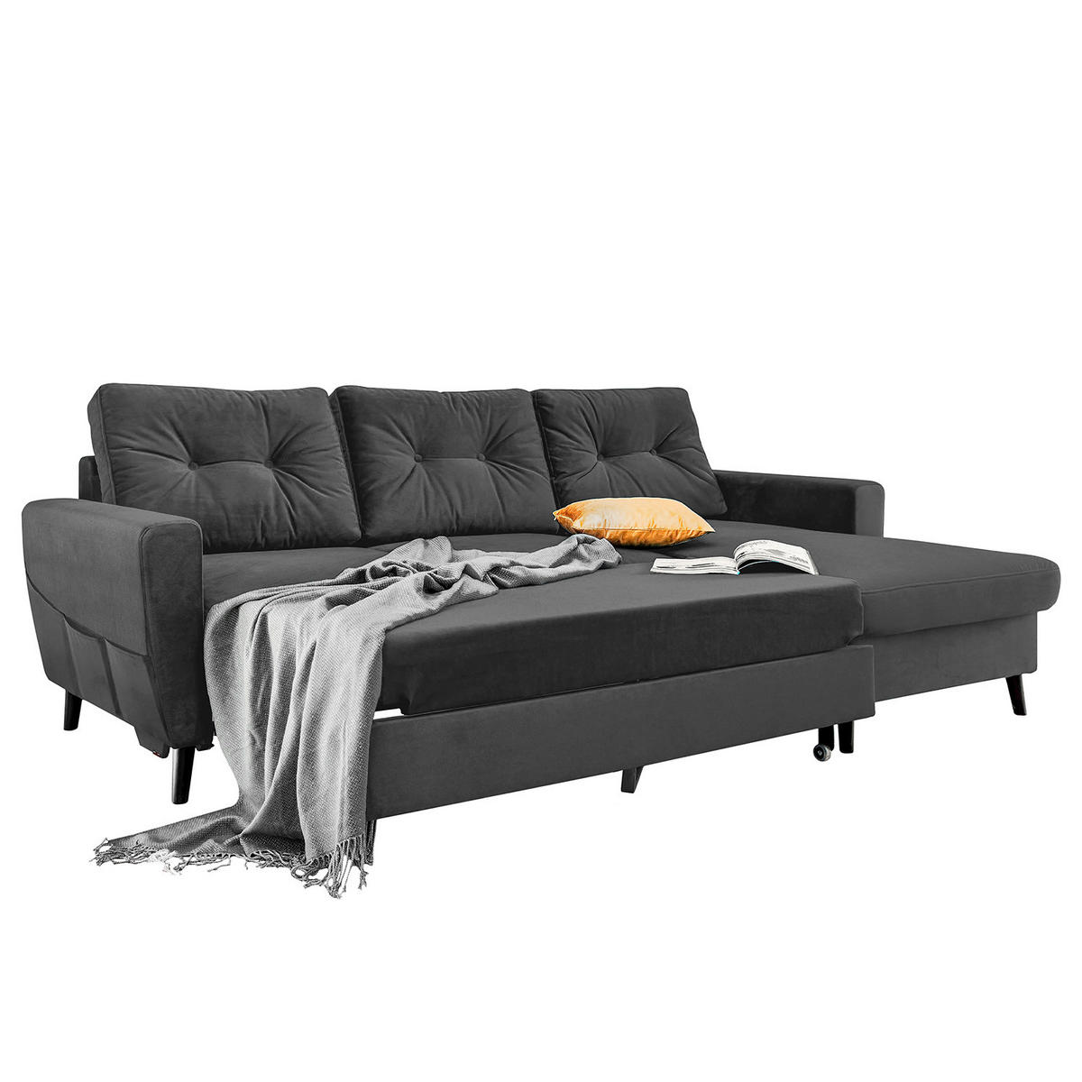ECKSOFA mit Longchair - Dunkelgrau/Schwarz, Buchenholz/Textil (233/148cm) - home24