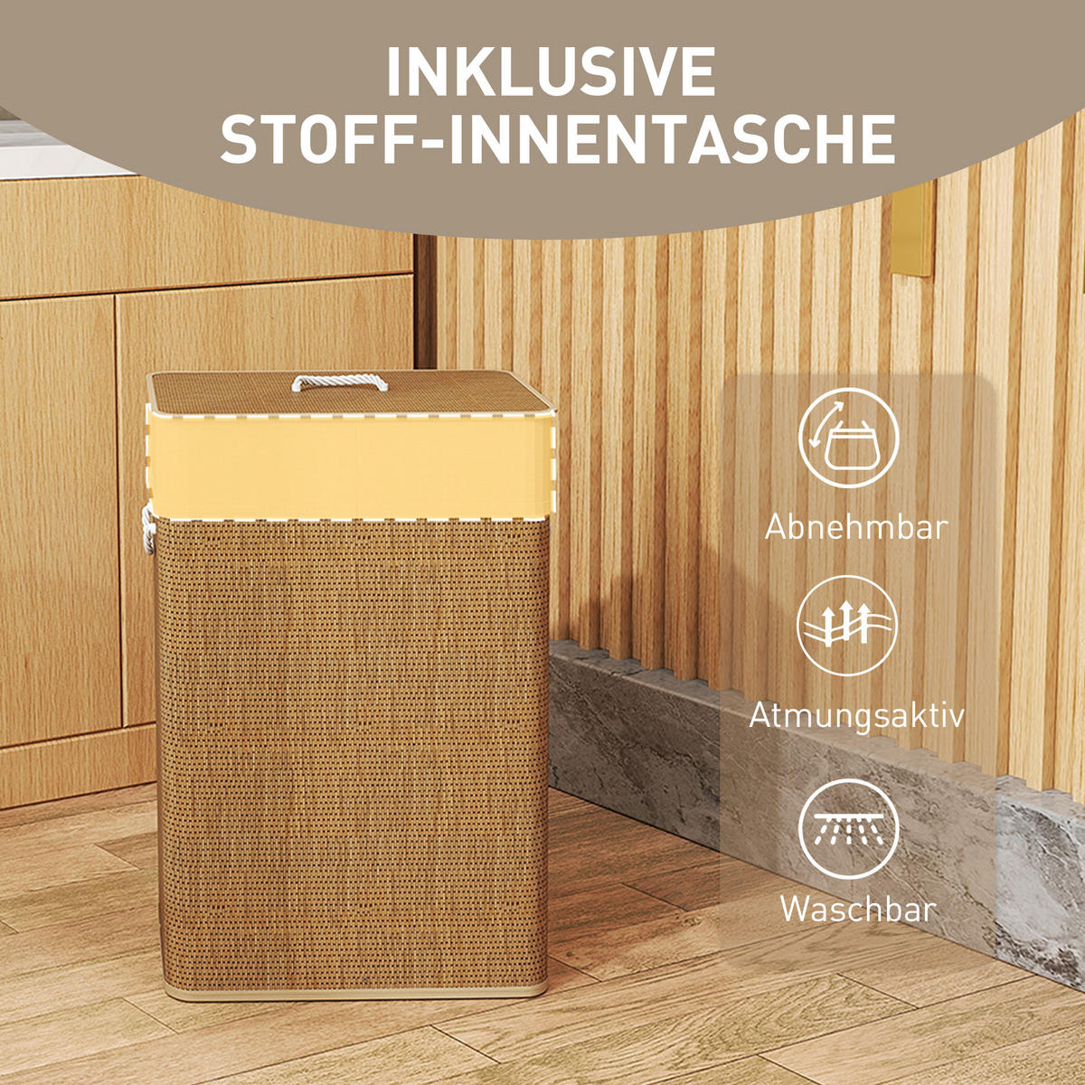 BAMBUS Wäschekorb mit Deckel 72 L Wäschesammler mit Seilgriffen Braun - Braun, Naturmaterialien (30/60/40cm) - HOMCOM