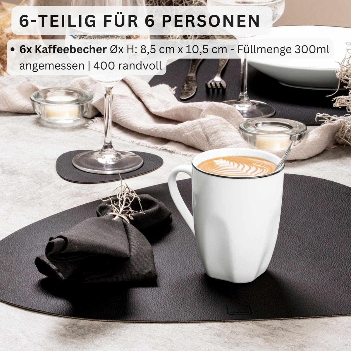 KAFFEEBECHER SET BILGOLA BLACK RIM - 6 teilig - Weiß, Keramik (32.5/18.5/22.5cm) - Sänger