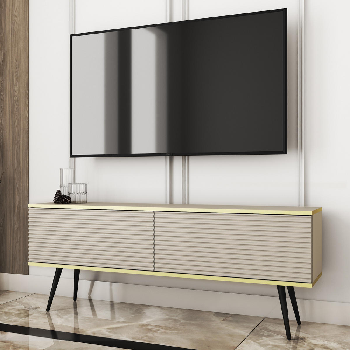 TV-BOARD FORNO (Beige, Rillenfront, Goldene Details, 2 Klapptüren, schwarze Metallfüße, 135 cm) - Beige/Schwarz, Holz/Holzwerkstoff (135/53/32cm) - Ravio