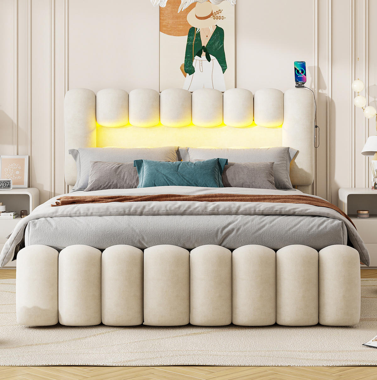 POLSTERBETT 160/200 cm Beige mit 4 Schubladen, USB und LED-Beleuchtung - Beige, Textil (160/200cm) - OKWISH