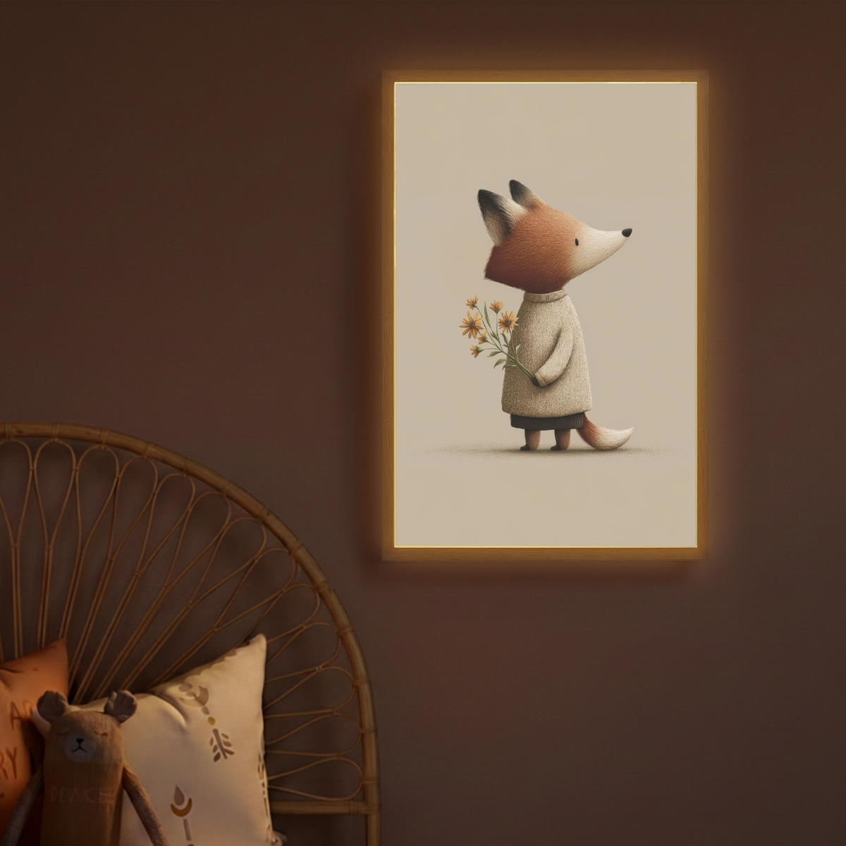 NÁSTĚNNÁ LAMPA S AKUMULÁTOREM Liška - Žluté květy - Minimalistický 40x60 cm - šedohnědá, kompozitní dřevo (40/60/8cm) - OnlyWow
