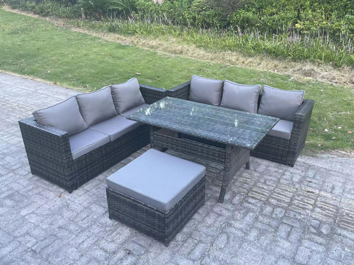 LOUNGEGARNITUR mit Fußschemel Polyrattan Dunkelgrau 7-Sitzer - Dunkelgrau/Grau, Glas/Kunststoff - Fimous