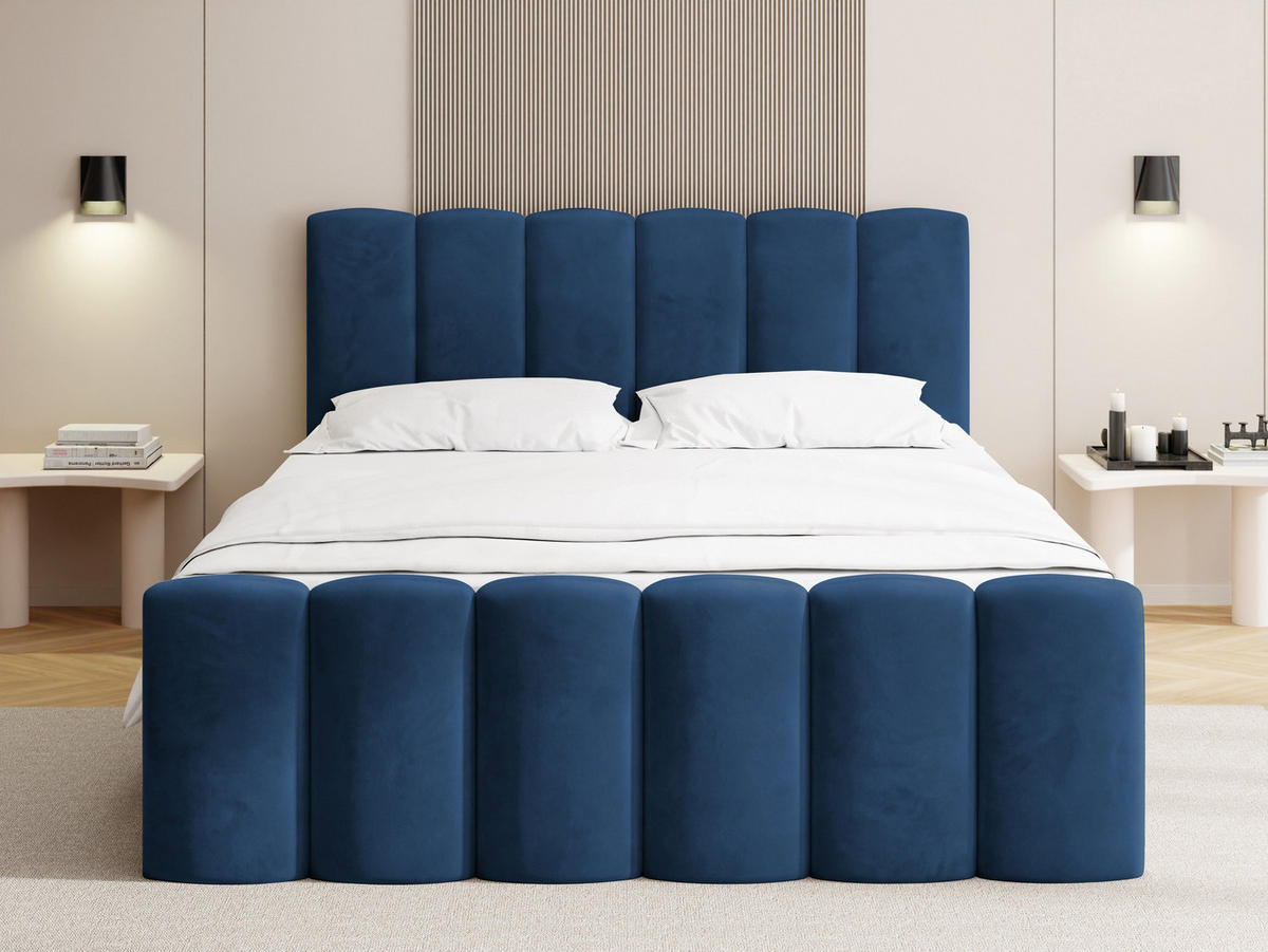 BOXBETT Serenity mit Bettkasten, Dunkelblau Samt 120x200 cm – inkl. H4 Taschenfederkern Matratze & Foam Topper - Blau/Schwarz, Holz/Holzwerkstoff (120/200cm) - WFL GROUP