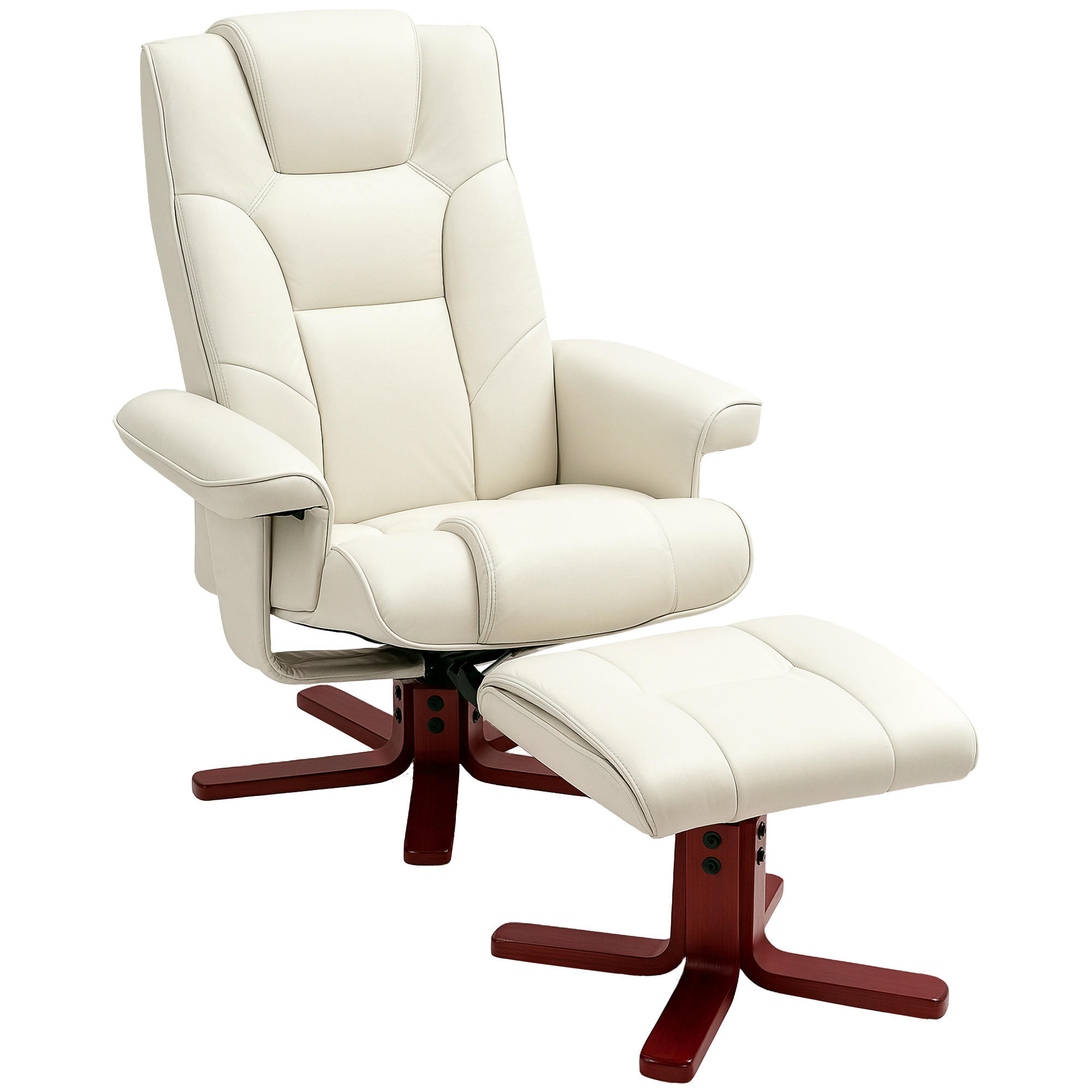 RELAXSESSEL mit Hocker, Fernsehsessel mit Liegefunktion, Wippfunktion, Cremeweiß - Creme/Dunkelrot, Leder/Holz (84/104/84cm) - HOMCOM