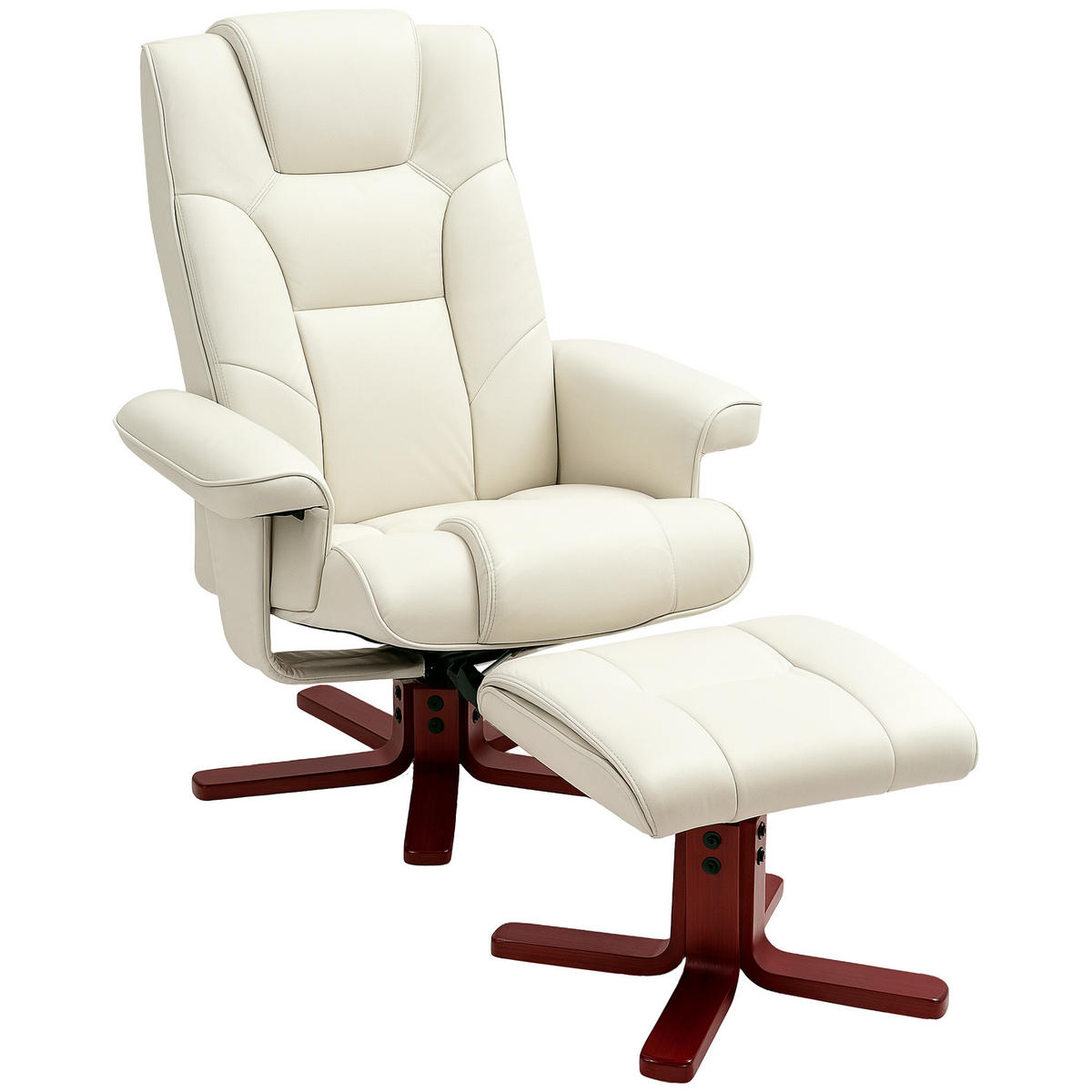 RELAXSESSEL mit Hocker, Fernsehsessel mit Liegefunktion, Wippfunktion, Cremeweiß - Creme/Dunkelrot, Leder/Holz (84/104/84cm) - HOMCOM