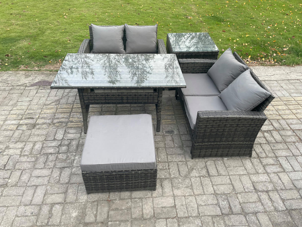 GARTENMÖBELSET mit 2-Sitzer Sofa,Esstisch,Beistelltisch Polyrattan Dunkelgrau 5-Sitzer - Dunkelgrau/Grau, Glas/Kunststoff - Fimous