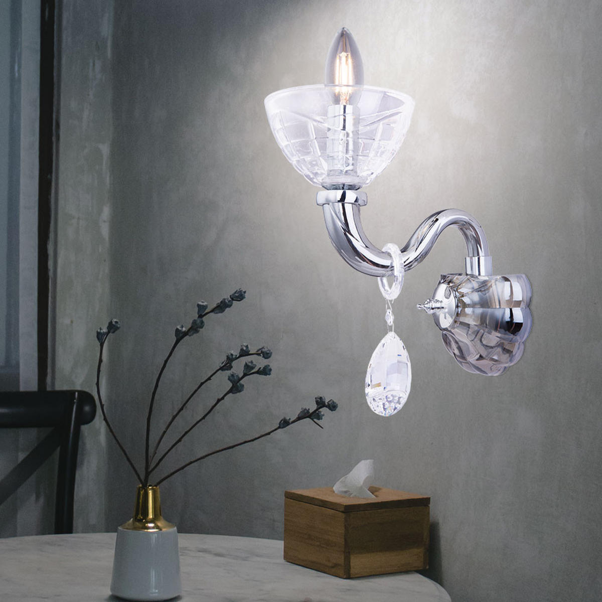 WANDLEUCHTE Helen Glas Silber Chrom 2er Set - Silberfarben, Glas (13/37/21.5cm) - Globo Lighting