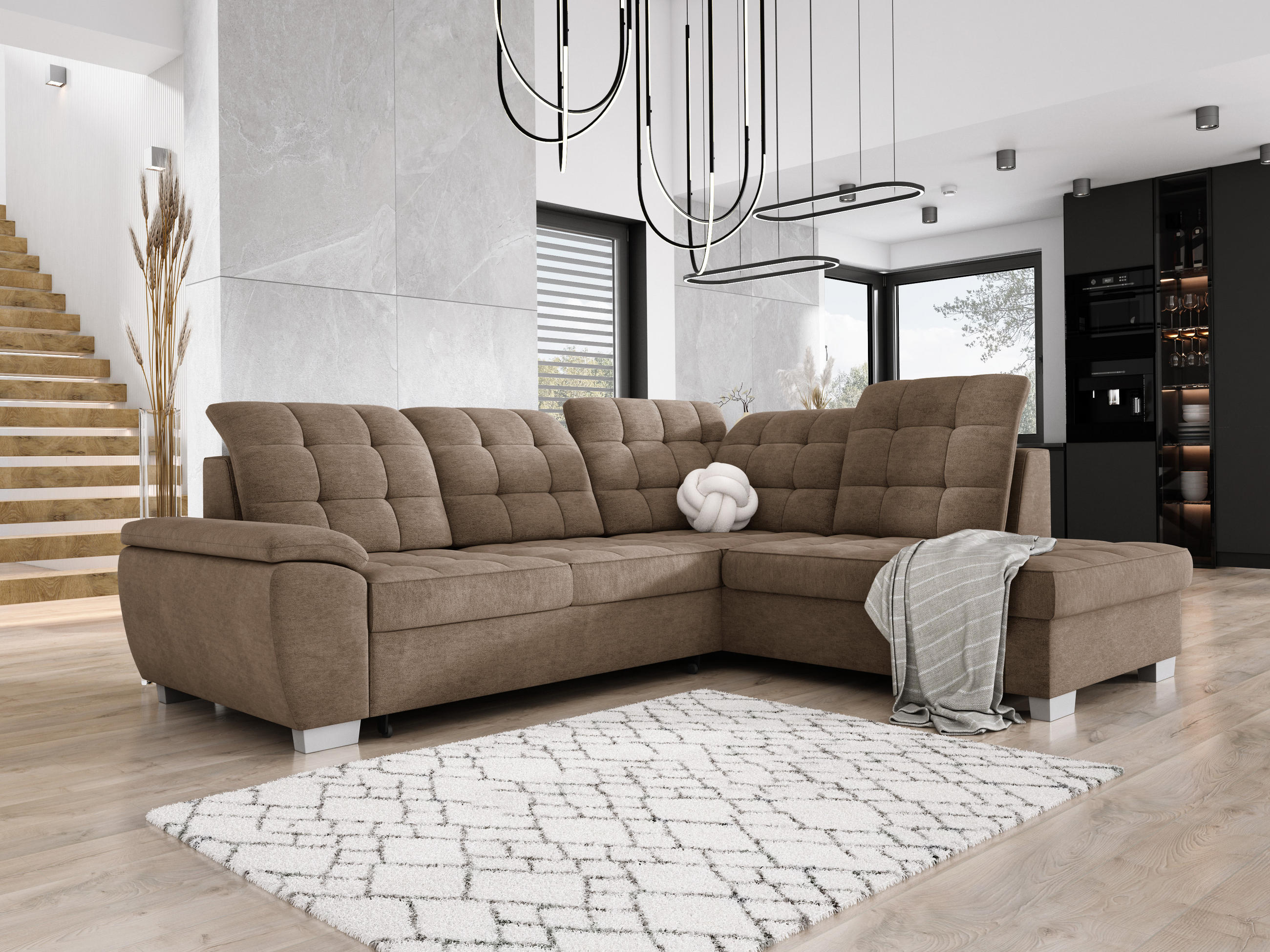 ECKSOFA LOTTA L-förmig Bettkasten verstellbare Kopfstützen hochwertige Verarbeitung lose Rückenkissen freistehend RECHTS 258x212x106 cm Cappuccino - Cappuccino, Holz/Textil (258/212cm) - DomoHome