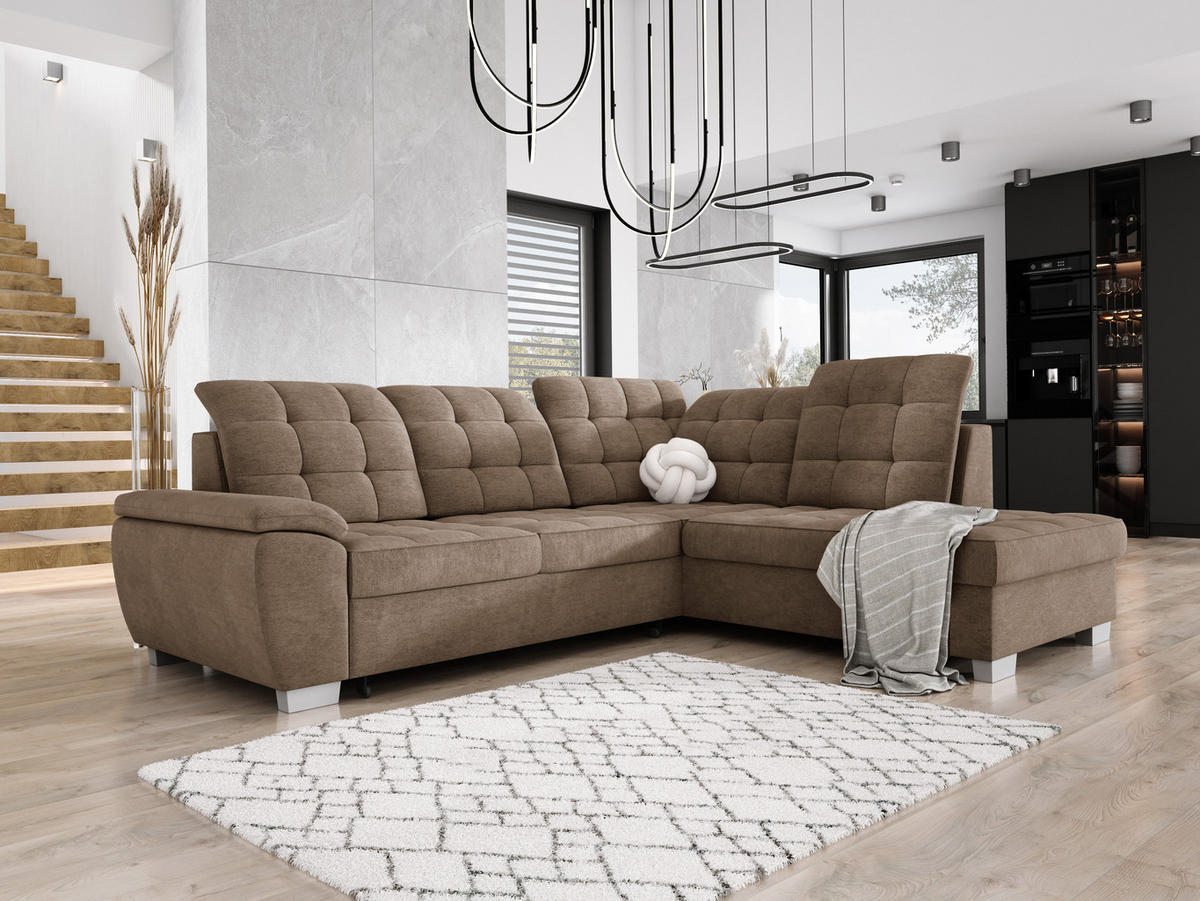 ECKSOFA LOTTA L-förmig Bettkasten verstellbare Kopfstützen hochwertige Verarbeitung lose Rückenkissen freistehend RECHTS 258x212x106 cm Cappuccino - Cappuccino, Holz/Textil (258/212cm) - DomoHome
