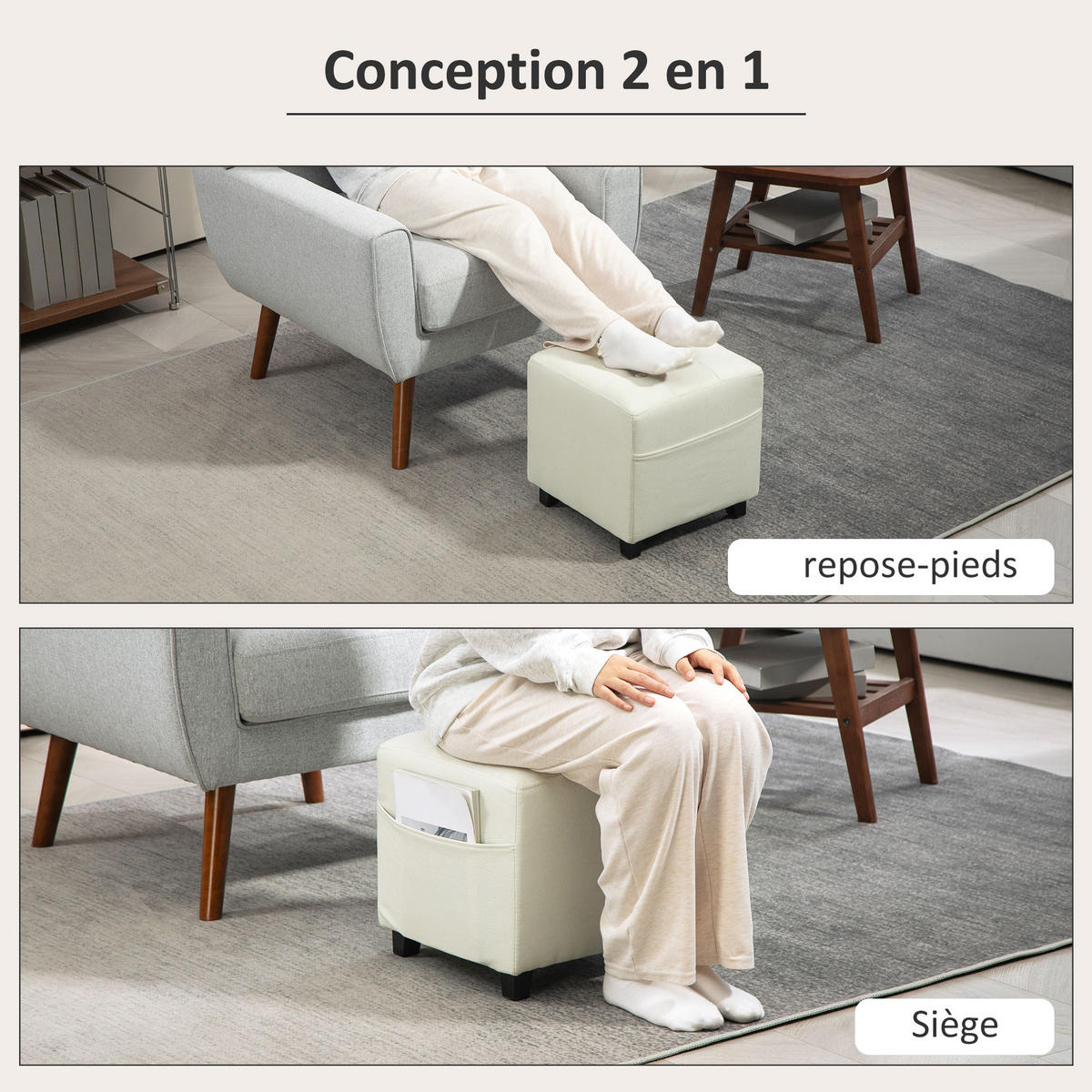 HOCKER DE-16461 mit Seitentasche und Knopfheftung Creme - Creme, Holzwerkstoff (35/35/35cm) - ComfortXL