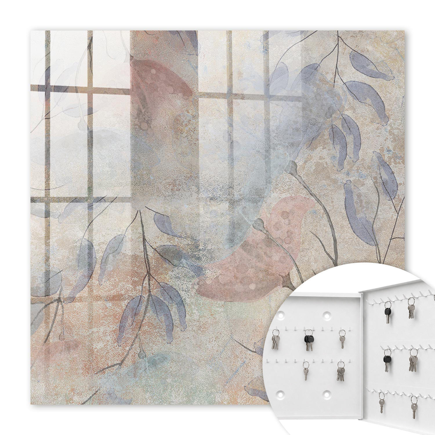 SCHLÜSSELBOX Weiß 30x30 cm – Türöffnung nach rechts - Zarte Blätter - Beige, Metall (30/30/5cm) - TULUP