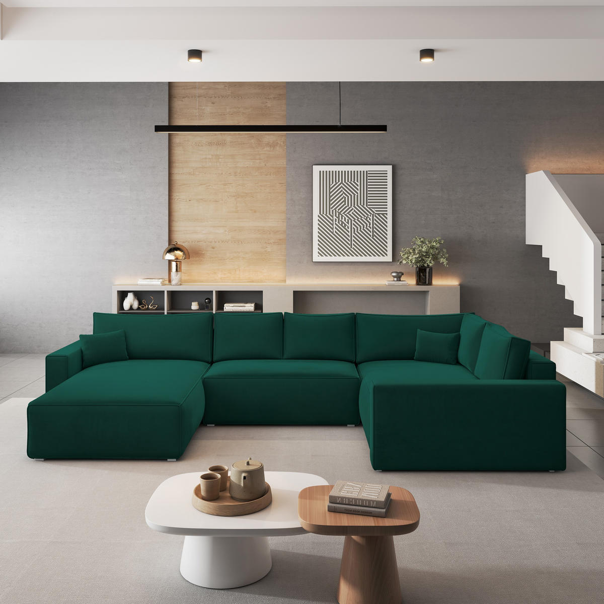 ROHOVÁ SEDAČKA VELAMI tmavě zelená - šedá/tmavě zelená, dřevo/textil (365/194cm) - MASSENO