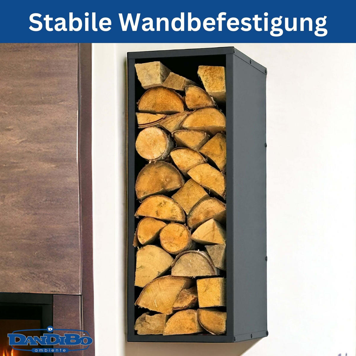 KAMINHOLZREGAL Wand Innen Metall Schwarz 80 cm mit Rückwand - Schwarz, Metall (30/80/40cm) - DanDiBo