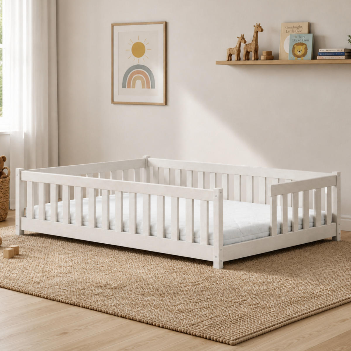 BODENBETT 80x160 cm in Baumwolle - Beige, Holz (80/160cm) - Kids Collective