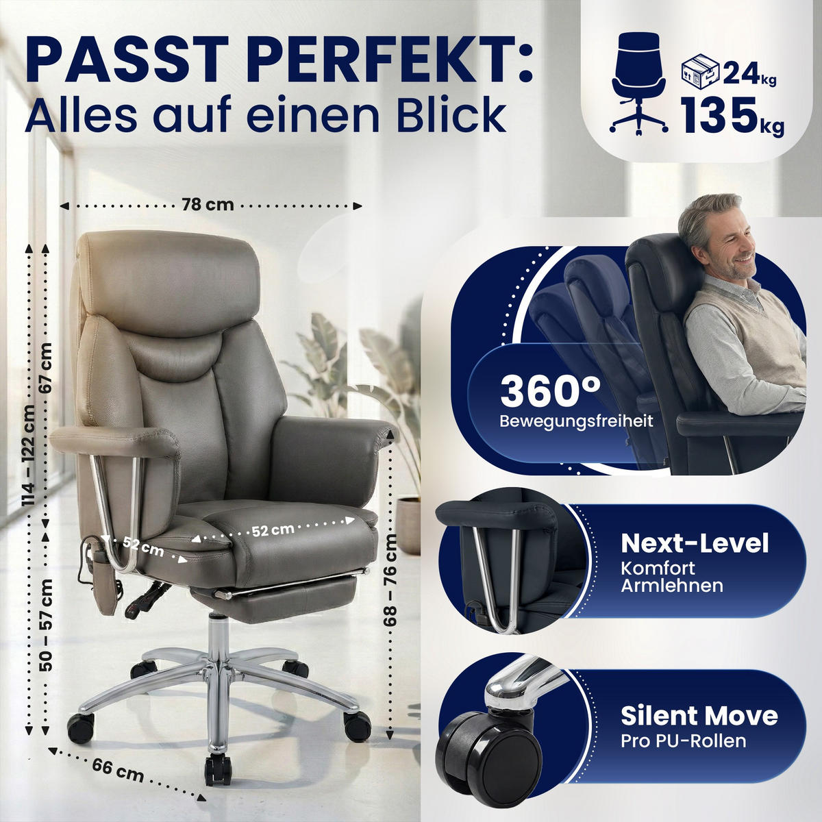 CHEFSESSEL Echtleder Grau - Chromfarben/Grau, Leder/Metall (78/114/66cm) - CLP