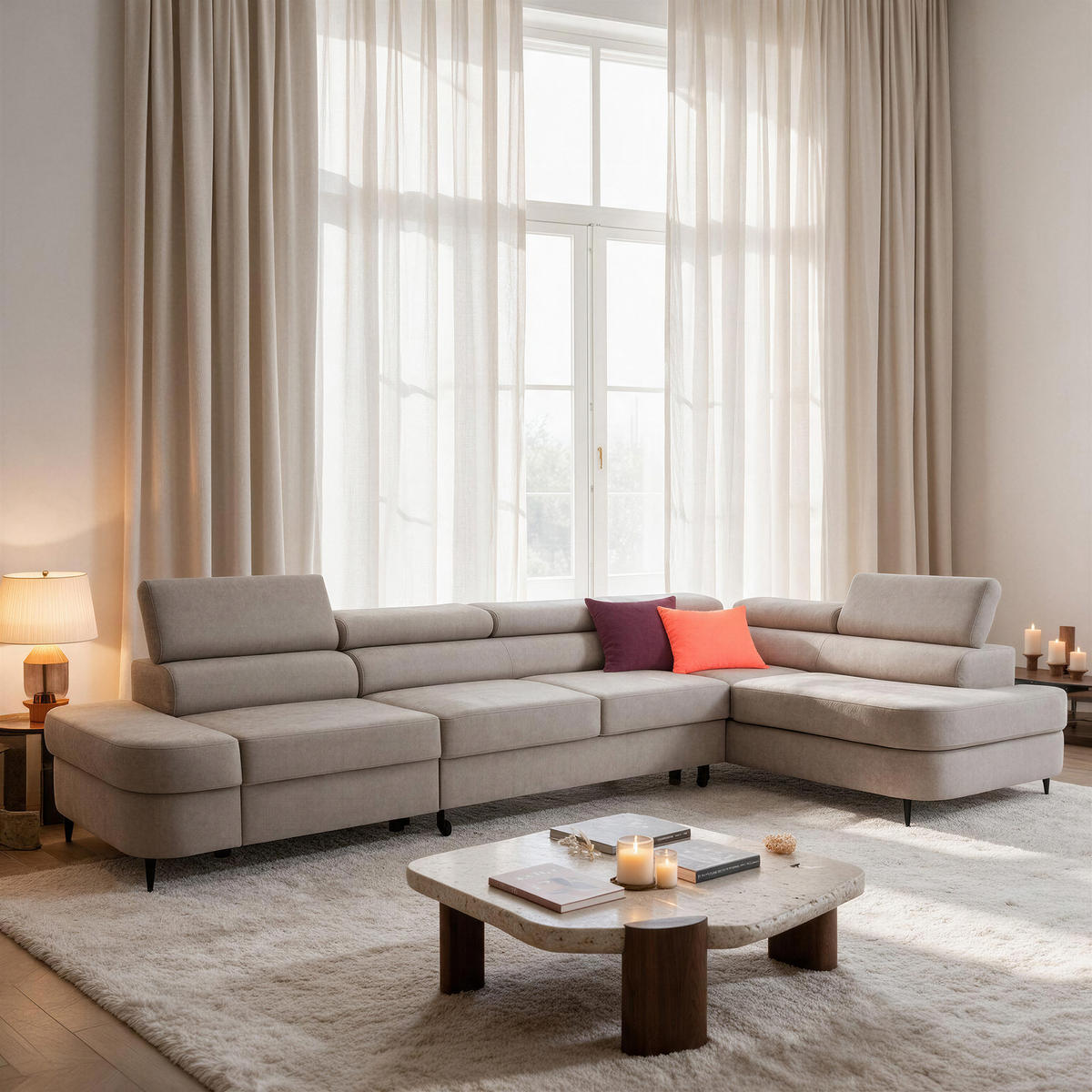 ECKSOFA PRIAM MAXI L-Form Rechts mit Schlaffunktion 125x195 Velours Beige - Beige/Schwarz, Holz/Textil (350/203cm) - Muffo