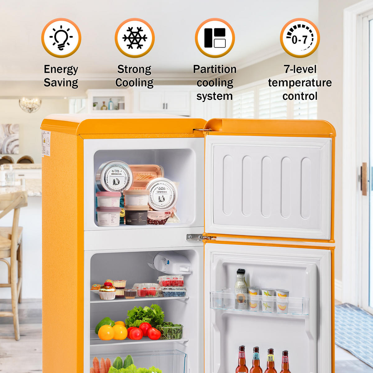 KÜHL-GEFRIER-KOMBINATION 60 l, 22 l Gefriervolumen, 45,5 x 86,8 cm, Energieeffizienzklasse E, Antique Yellow - Gelb, Metall (45.5/88.8/42cm) - FOHERE