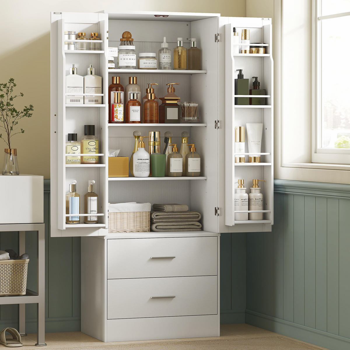 KÜCHENSCHRANK Buffetschrank mit 2 Türen, 8 Türregalen, 2 Schubladen Weiß - Silberfarben/Weiß, Holzwerkstoff/Metall (40/159/60cm) - HOMCOM