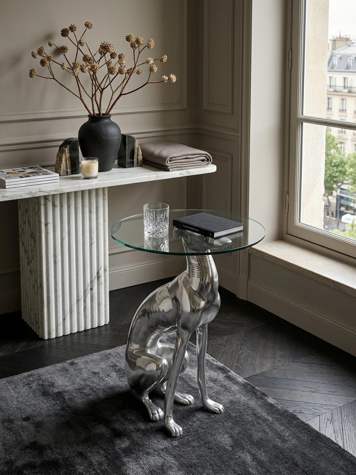 BEISTELLTISCH – Aluminium Glas Silber Skulptur Windhund 55x40 cm handgefertigt - Silberfarben, Glas/Metall (40/40/50cm) - KADIMA DESIGN