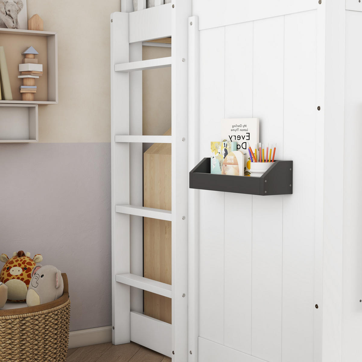 VÝŠKOVÁ posteľ 90/200 cm biela a sivá z borovice a MDF s oknami a schodíkmi s ochranou proti pádu - biela, kompozitné drevo (90/200cm) - OKWISH