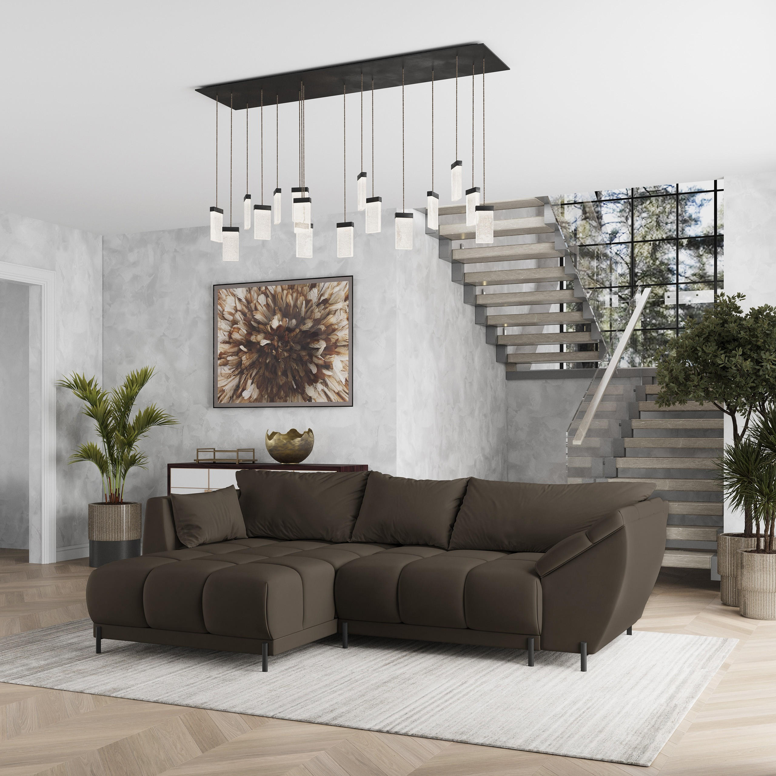 ECKSOFA VESTANO L-S Braun Velours-Stoff mit Schlaffunktion - Braun, Holz (287/182cm) - MASSENO