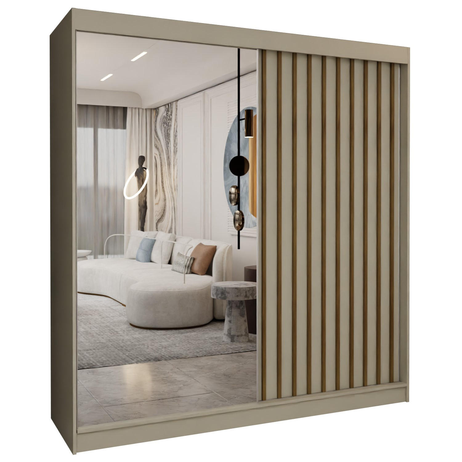 SCHWEBETÜRENSCHRANK Erika 200 cm mit Lamellen und Spiegel 2-türig, kaschmir, artisan - Kaschmir/Eiche Artisan, Kunststoff (200/216/51cm) - Margaret Hadas24