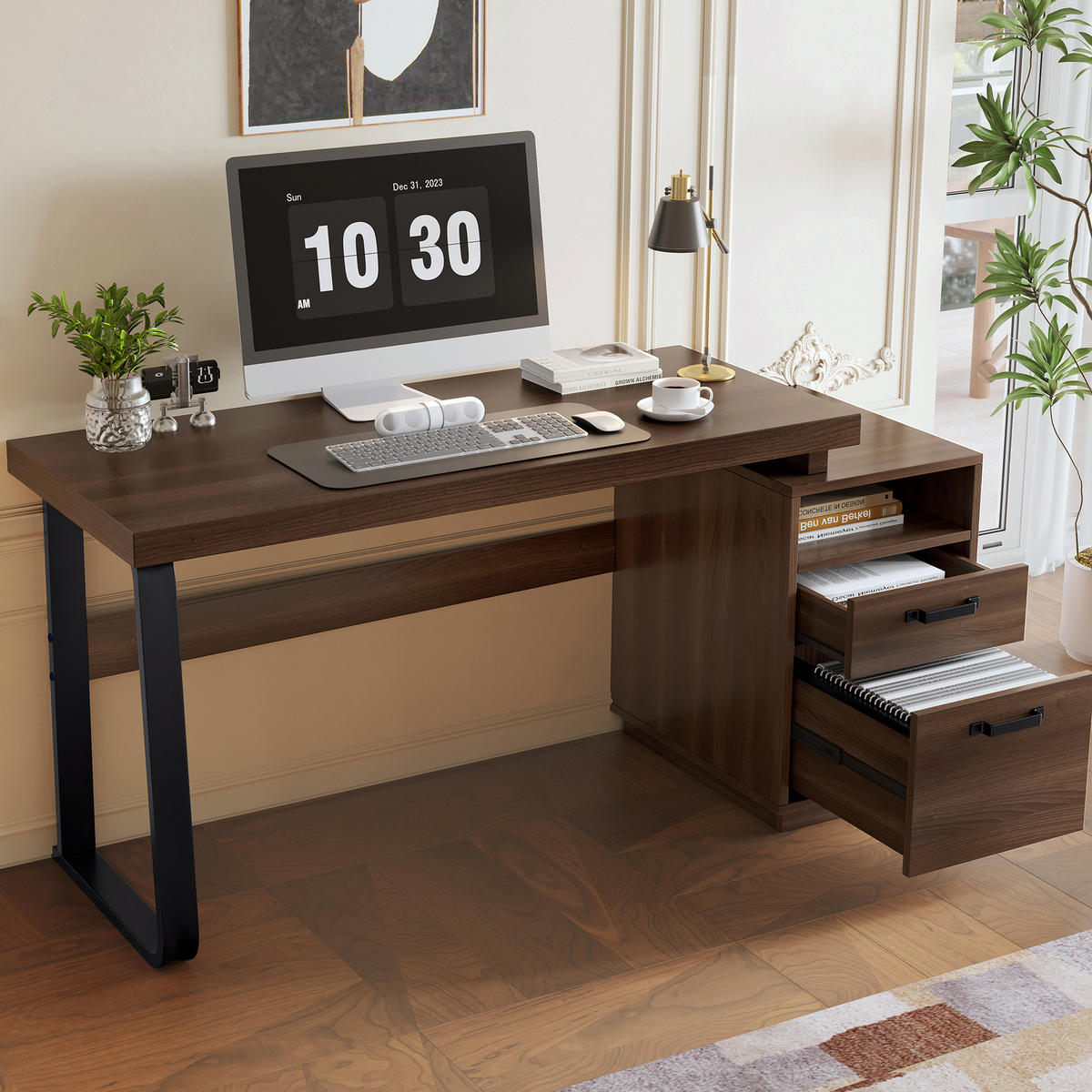 SCHREIBTISCH mit Stauraum 135 x 54 cm MDF Metall Braun - Braun, Metall (161/54/76.4cm) - Meubliv