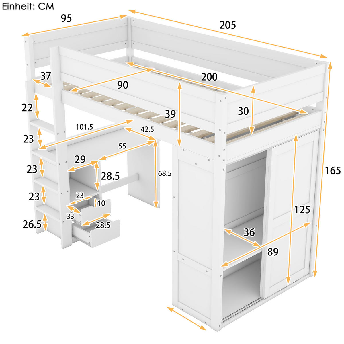 HOCHBETT 90/200 cm in Weiß mit Schreibtisch, Kleiderschrank und Schubladen - Weiß, Holz (90/200cm) - Flora Grace