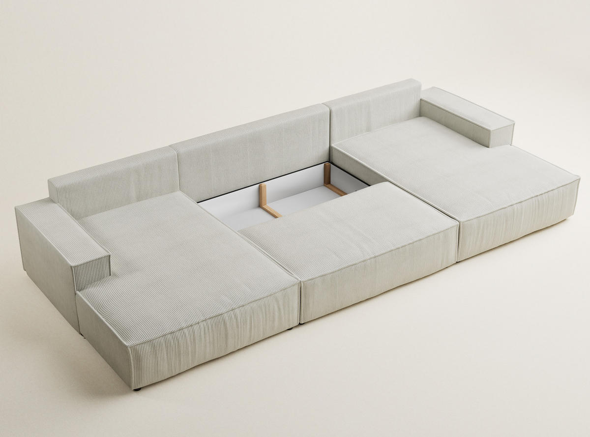 WOHNLANDSCHAFT Kyoto Creme Samtstoff - Creme/Schwarz, Holz/Holzwerkstoff (398/70/148cm) - Maison de Reve