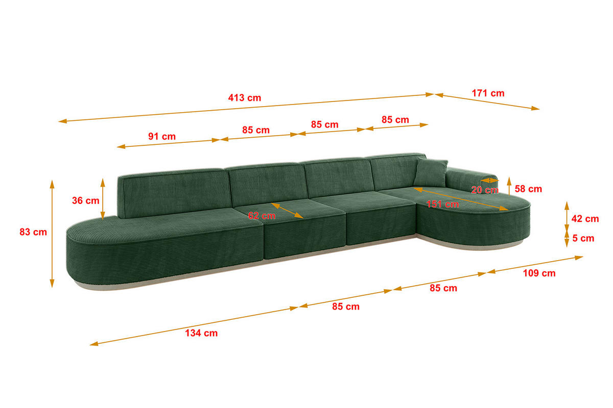 ECKSOFA Ottomane Rechts MARI-L3-v1 - 413x171x83 cm Grün Cord - Grün, Holzwerkstoff/Textil (171/413cm) - ALTDECOR