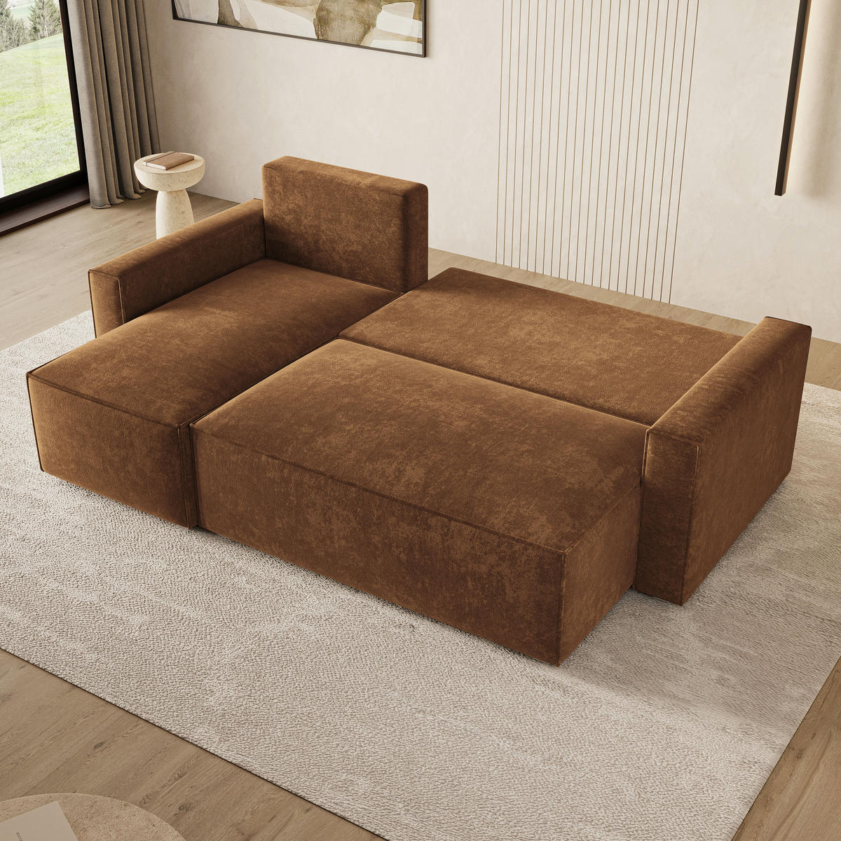 ECKSOFA POTARO LM Hellbraun Chenille mit Schlaffunktion - Hellbraun, Holzwerkstoff/Textil (232/140cm) - MASSENO