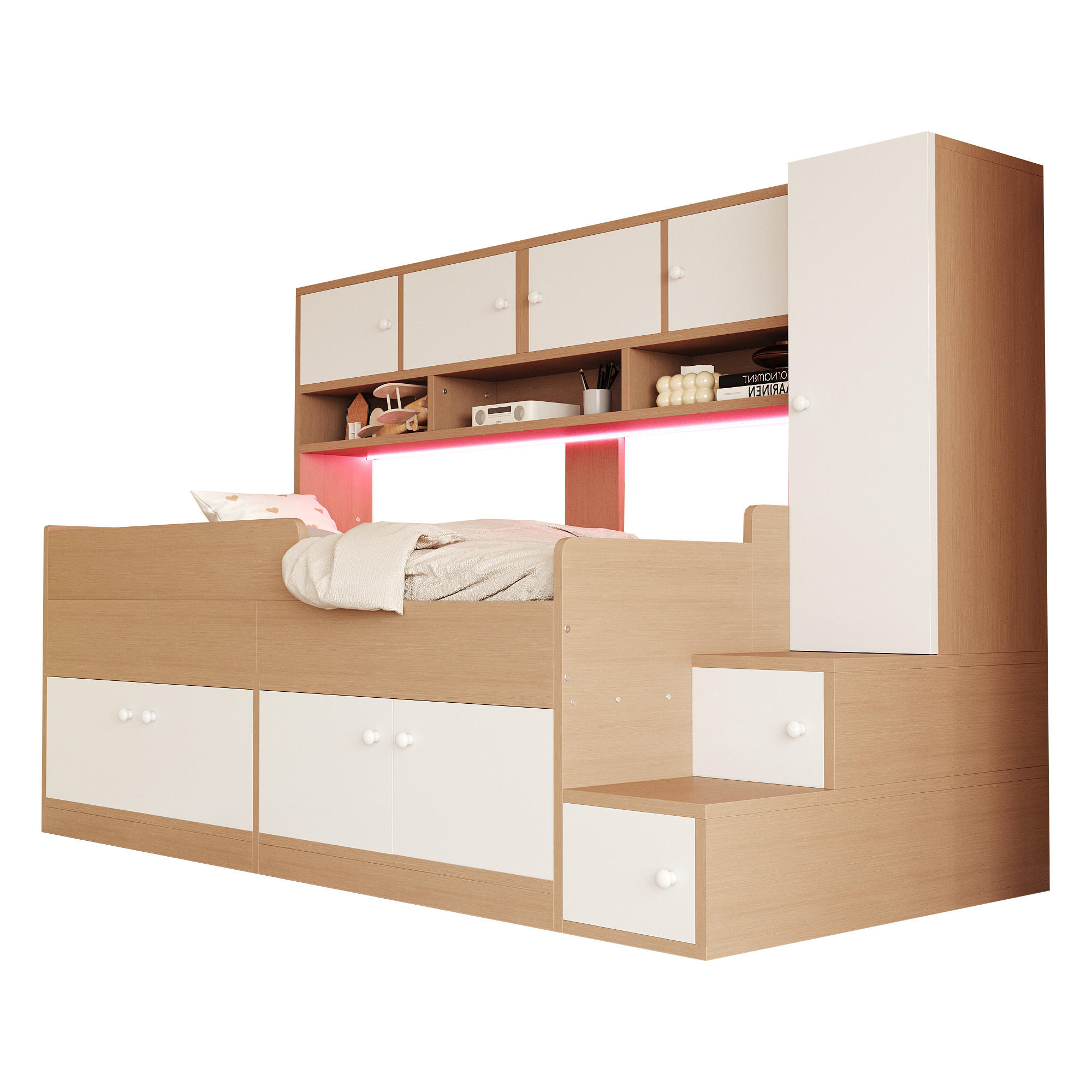 KINDEREINZELBETTEN aus MDF 90x200 cm in Naturholz mit LED-Beleuchtung & Stauraum - Naturfarben, Holzwerkstoff (90/200cm) - Modfu