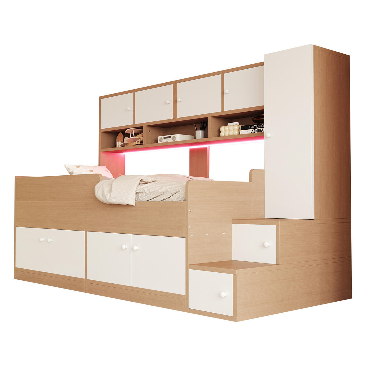 KINDEREINZELBETTEN aus MDF 90x200 cm in Naturholz mit LED-Beleuchtung & Stauraum - Naturfarben, Holzwerkstoff (90/200cm) - Modfu