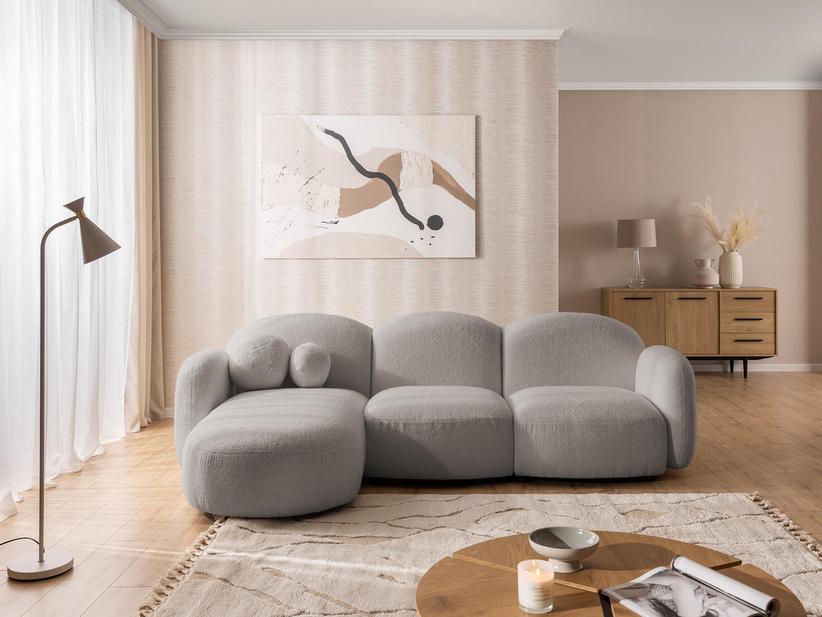 ECKSOFA Nuvola mit abgerundetem Design Hellgrau Bouclé-Stoff - Ottomane Links - Hellgrau/Schwarz, Holz/Kunststoff (268/146cm) - S-Style Möbel