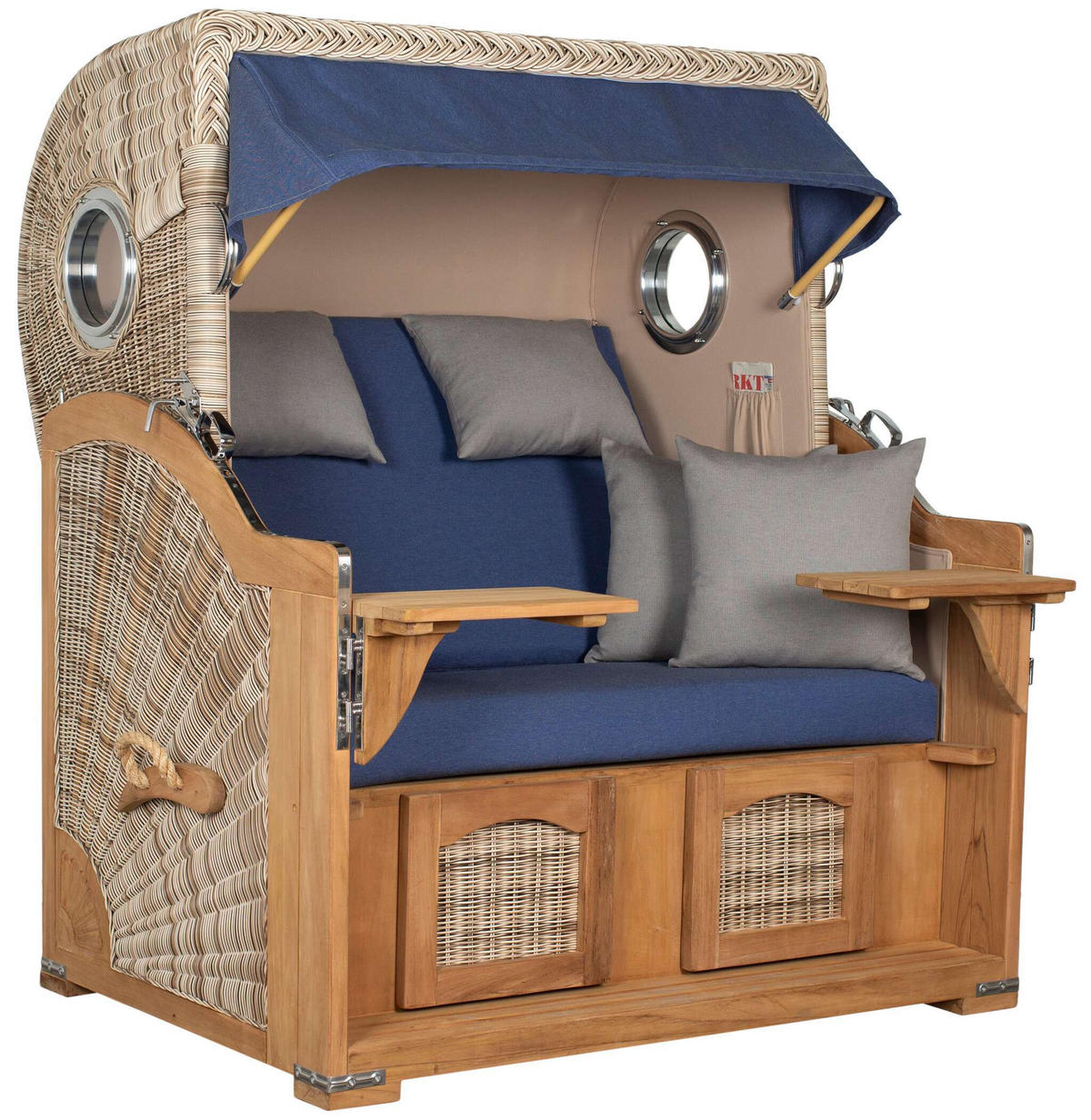 STRANDKORB XXL Düne Grande Teak PE Shell - Blau/Braun, Metall (142/170/95cm) - Mr. Deko