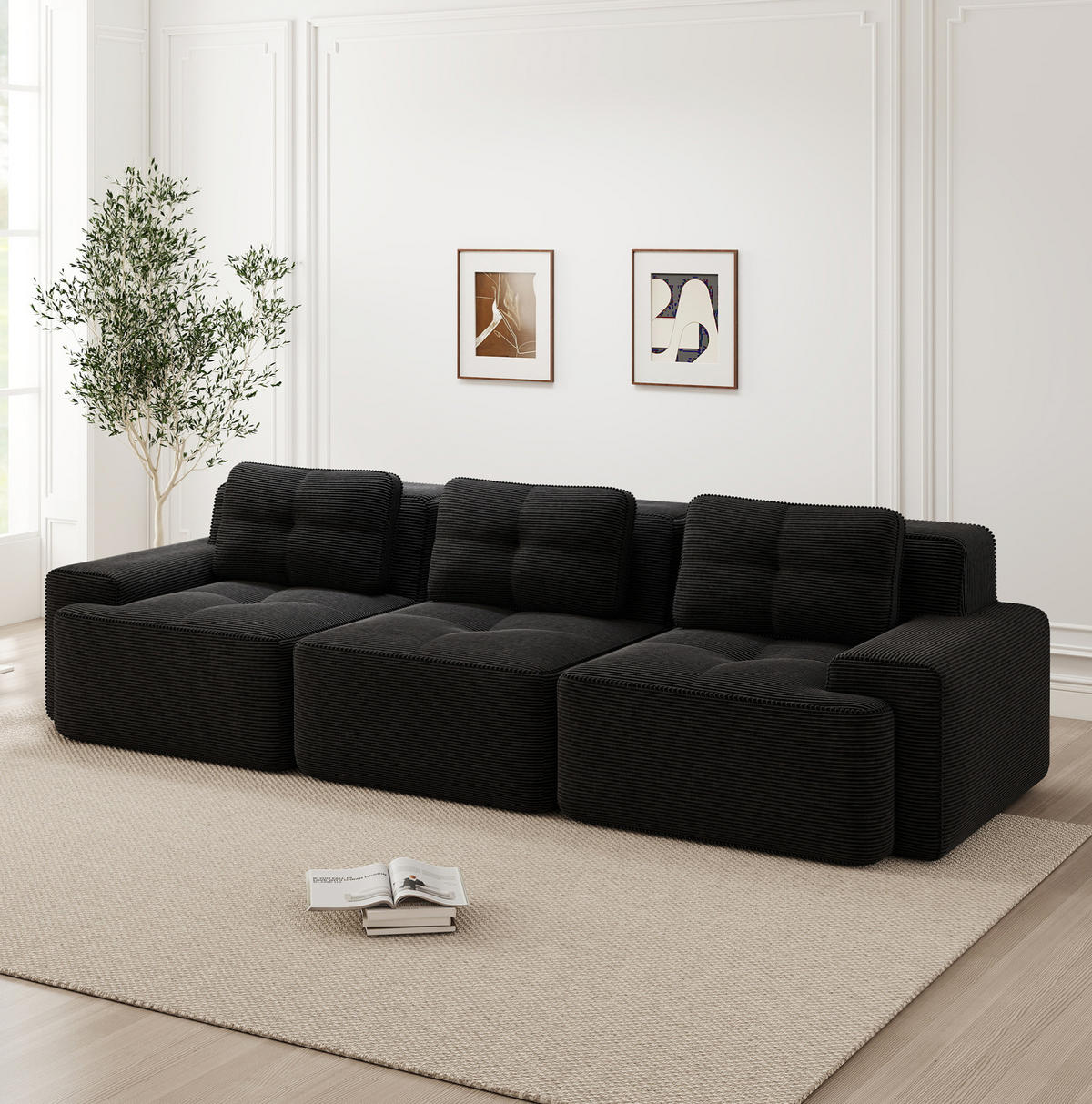 SOFA modular Tiefsitz Cord Black montagefrei - Schwarz, Kunststoff (104/69/293cm) - Meubliv