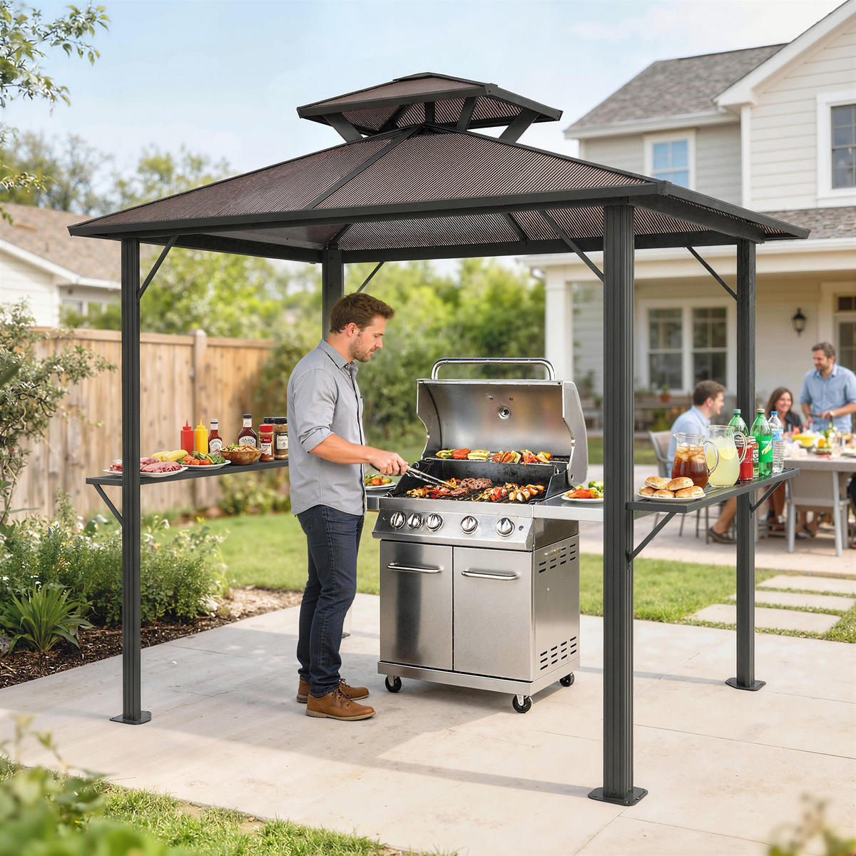 GRILLPAVILLON Aluminium Polycarbonat Braun - Schwarz/Braun, Metall (145/255/256cm) - Outsunny