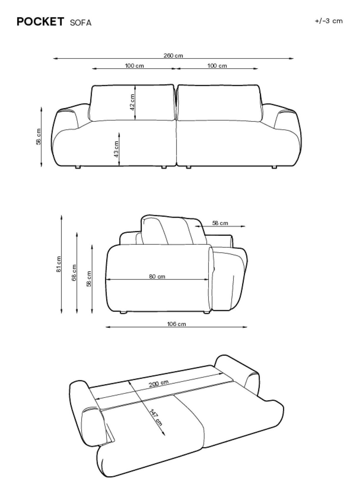 SOFA POCKET Grau 260x106x81 cm - Grau, Textil (260/81/106cm) - FURNLUX