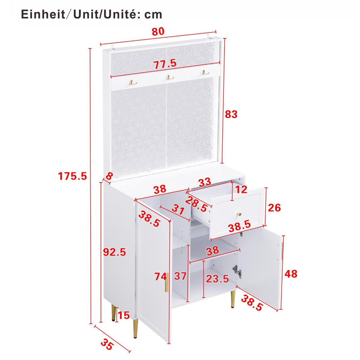 SCHUHSCHRANK aus MDF 80x35x175,5cm in Weiß mit Soft-Close & Haken - Weiß, Holzwerkstoff (80/175.5/35cm) - Modfu