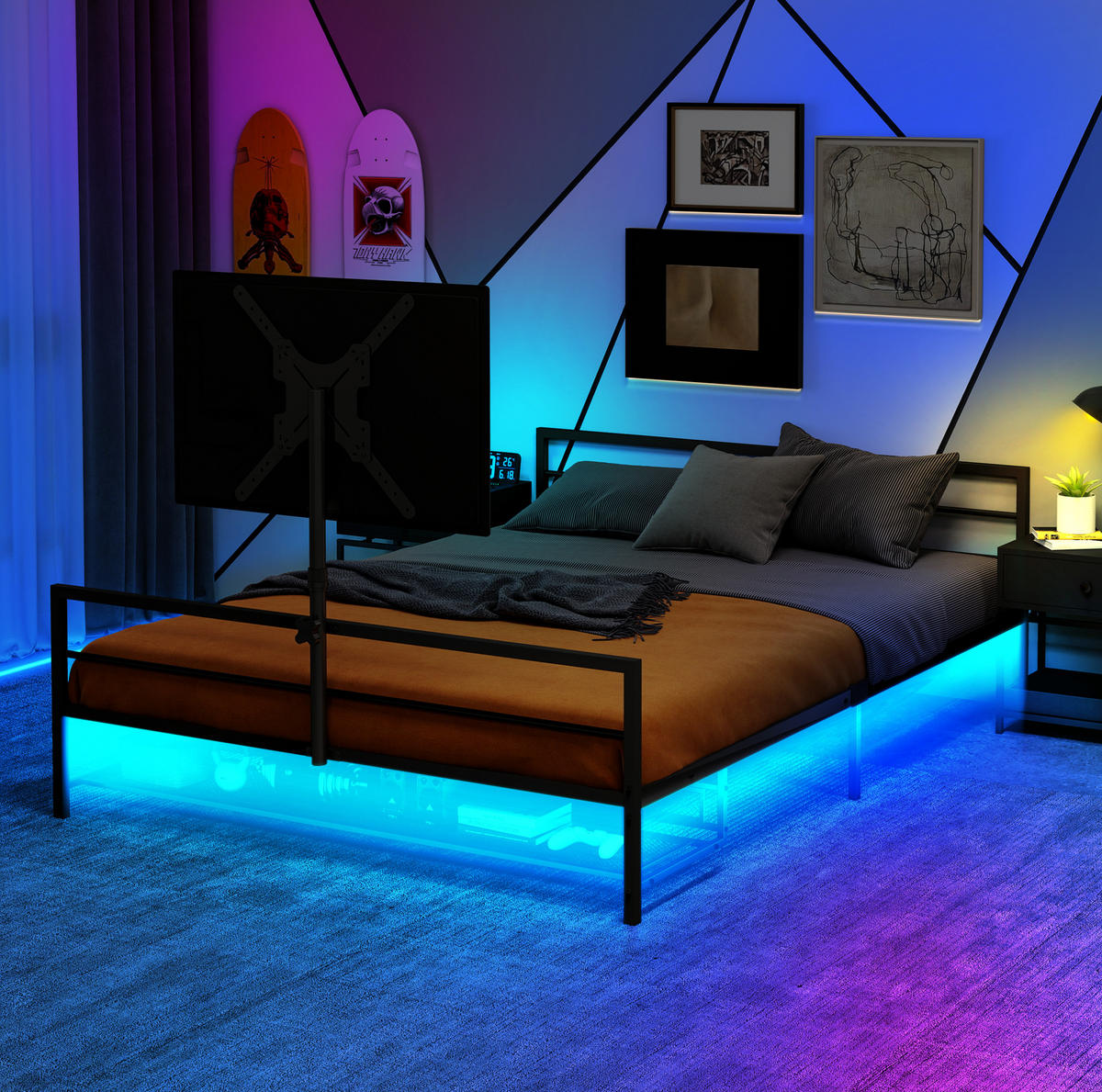 BETT Gaming 206 cm schwarz mit LED-Beleuchtung und verstellbarer Halterung - Schwarz, Metall (90/200cm) - OKWISH