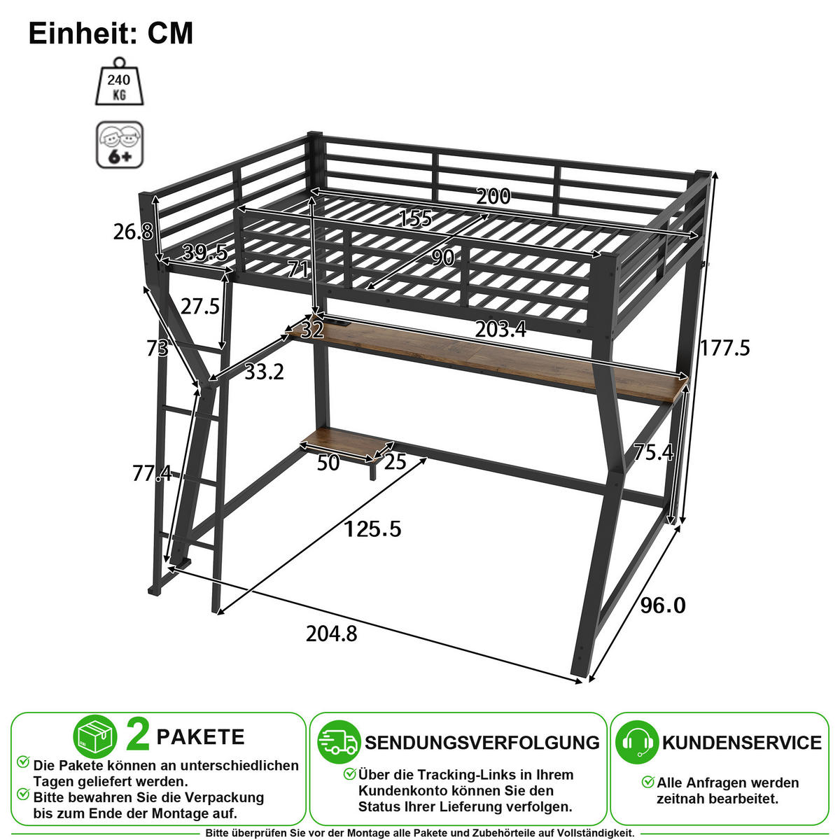 VYVÝŠENÁ POSTEL 90/200 cm v černé barvě s LED osvětlením, stolem a USB - černá, kov/kompozitní dřevo (90/200cm) - CHICFURN