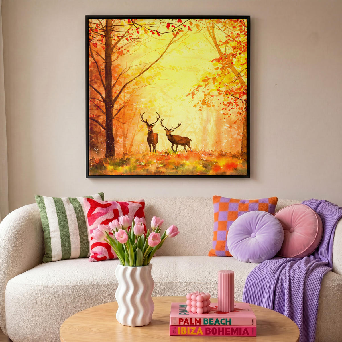 LEINWAND Bilder mit Rahmen - Natur - Ölfarbe - Hirsche - Tiere - Herbst - Orange - 90x90 - Orange, Textil (90/90cm) - MuchoWow