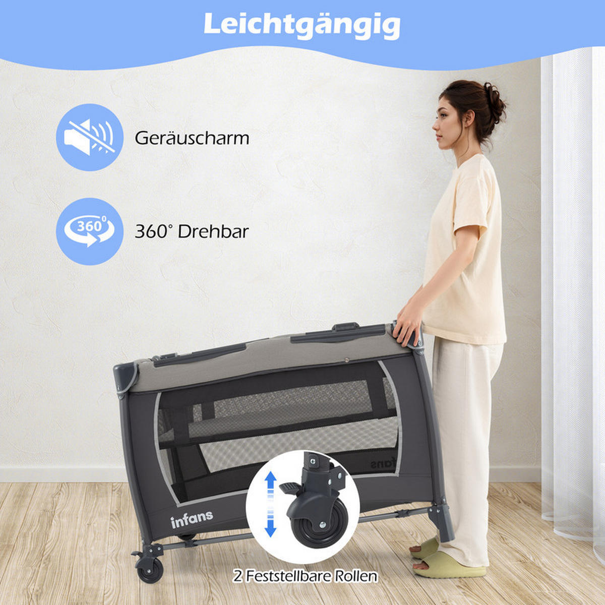 BEISTELLBETT mit Matratze grau - Grau, Textil - COSTWAY