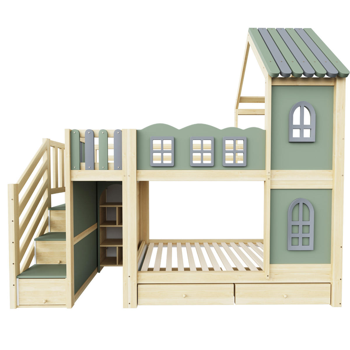ETAGENBETT 90/200 cm DE-32570 mit Haus-Design und Wolken-Gittern Grün - Grün, Holz (90/200cm) - ComfortXL