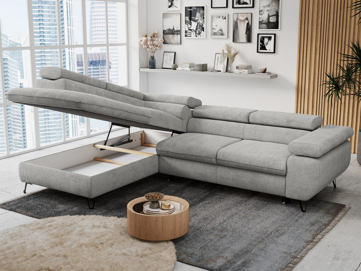 ECKSOFA PETER L Hellgrau Struktur - Links Seite - Hellgrau/Schwarz, Textil/Metall (208/273cm) - MKS