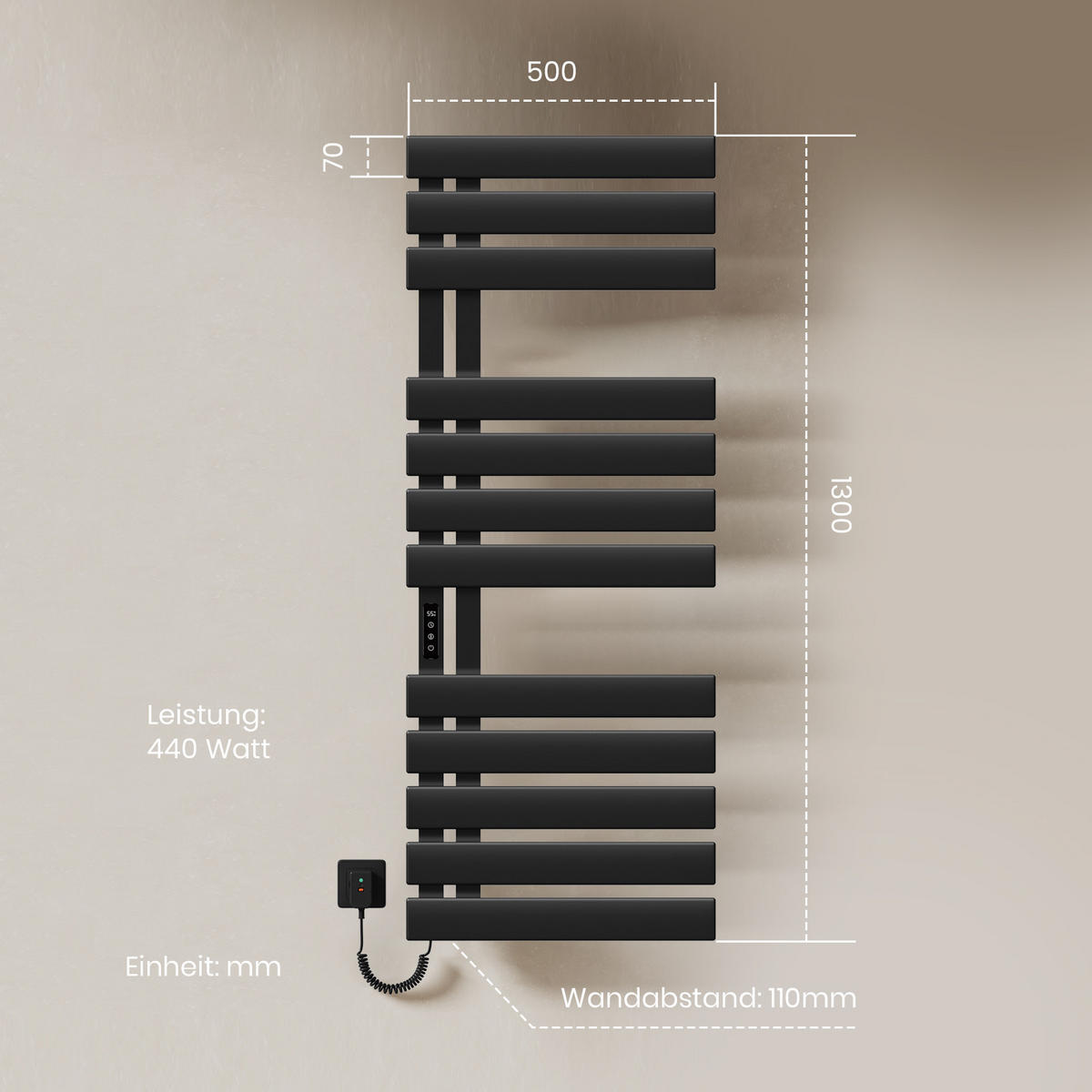 HEIZKÖRPER Elektrisch WLAN Thermostat Schwarz - Schwarz, Metall (50/130/11cm) - EMKE