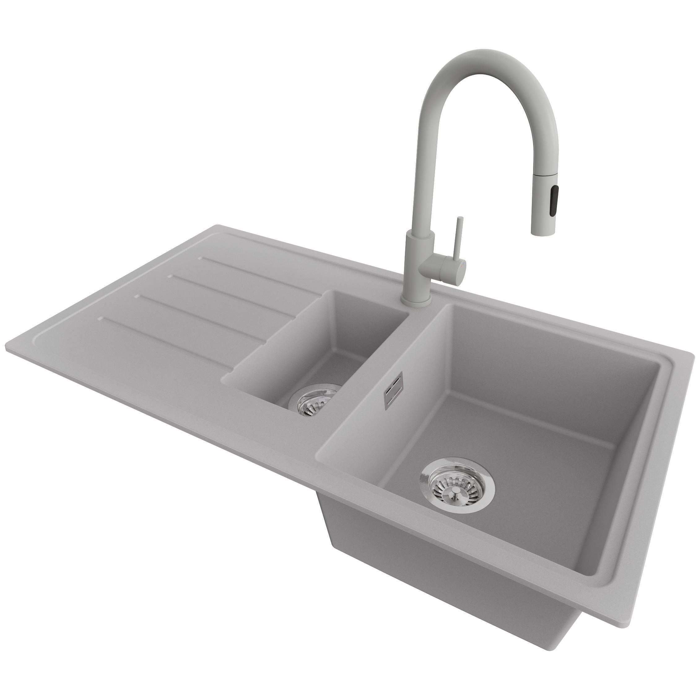 GRANITSPÜLE - Kopenhagen, 3-er set Grau 90/50 cm, 1,5 Becken + Küchenarmatur 40/20 cm + Ablauf-Set ab 60er Unterschrank - Chromfarben/Grau, Kunststoff (90/19/48cm) - Primagran