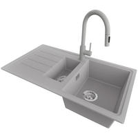 GRANITSPÜLE - Kopenhagen, 3-er set Grau 90/50 cm, 1,5 Becken + Küchenarmatur 40/20 cm + Ablauf-Set ab 60er Unterschrank - Chromfarben/Grau, Kunststoff (90/19/48cm) - Primagran