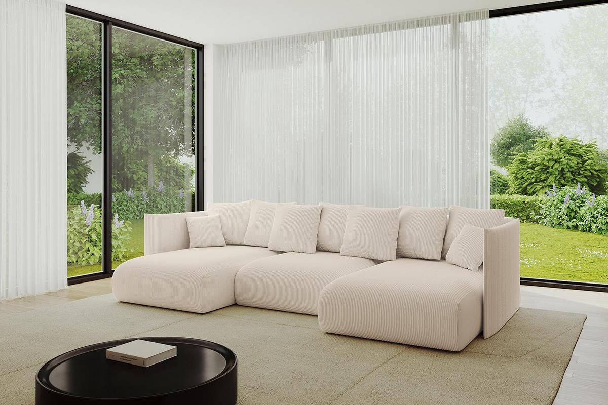 WOHNLANDSCHAFT mit Schlaffunktion und Bettkasten ONESK-U 304x165x40 Beige Cord - Beige, Holzwerkstoff/Kunststoff (304/90/165cm) - ALTDECOR